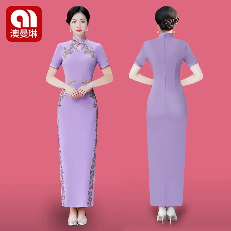 澳曼琳金丝刺绣红色喜妈妈旗袍显瘦免熨烫优雅走秀中长款中国风