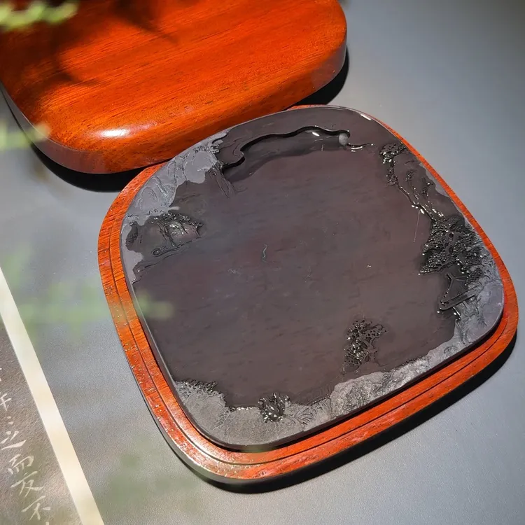 麻子坑端砚砚台随形7寸山水砚配木盒天青老水麻三大名坑收藏品