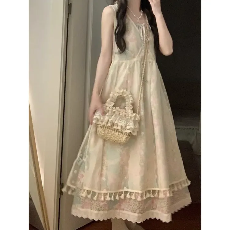 法式甜美碎花吊带连衣裙女夏季2024新款森系仙女叠穿罩衫裙两件套