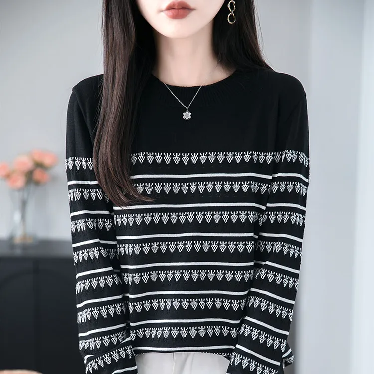 春秋特大码条纹提花针织打底羊毛衫女宽松遮肚巨显瘦秋冬时尚毛衣