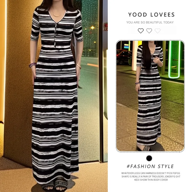 2025年夏季新款黑白条纹V领收腰连衣裙女到脚踝长款气质淑女裙子