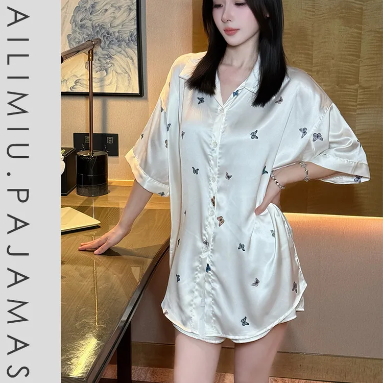 【蝶语珠光】秋冬新款高端轻奢冰丝蝴蝶衬衫裙女睡衣家居服薄款套装