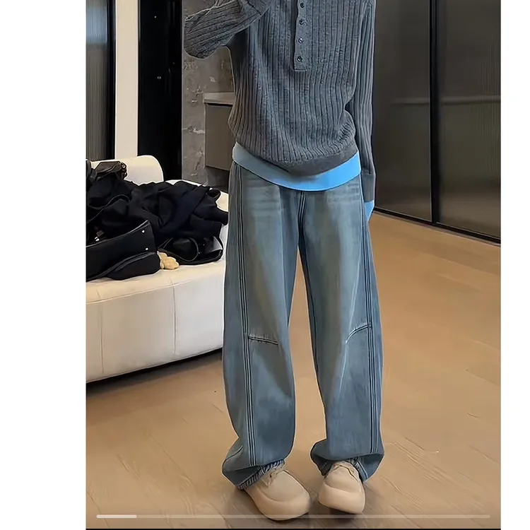 秋冬新款宽松大码弯刀牛仔裤胖mm梨形身材休闲时尚长裤窄版阔腿裤