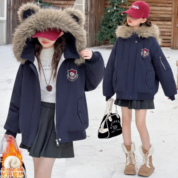 女童毛领加绒加厚派克服冬装洋气小熊贴标2025新款中大童韩系外套