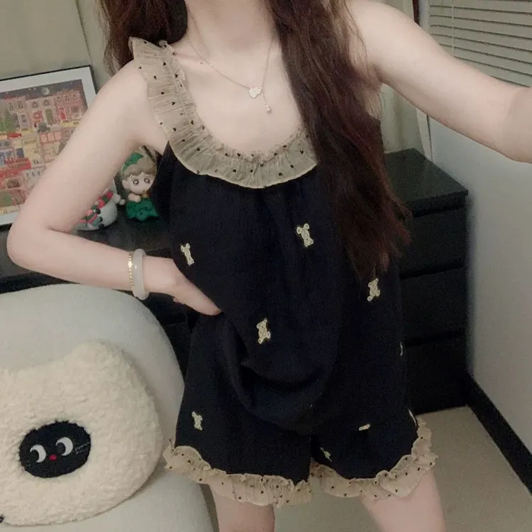 【带胸垫】睡衣女款夏季吊带短裤卡通熊云朵棉无袖家居服套装Q335