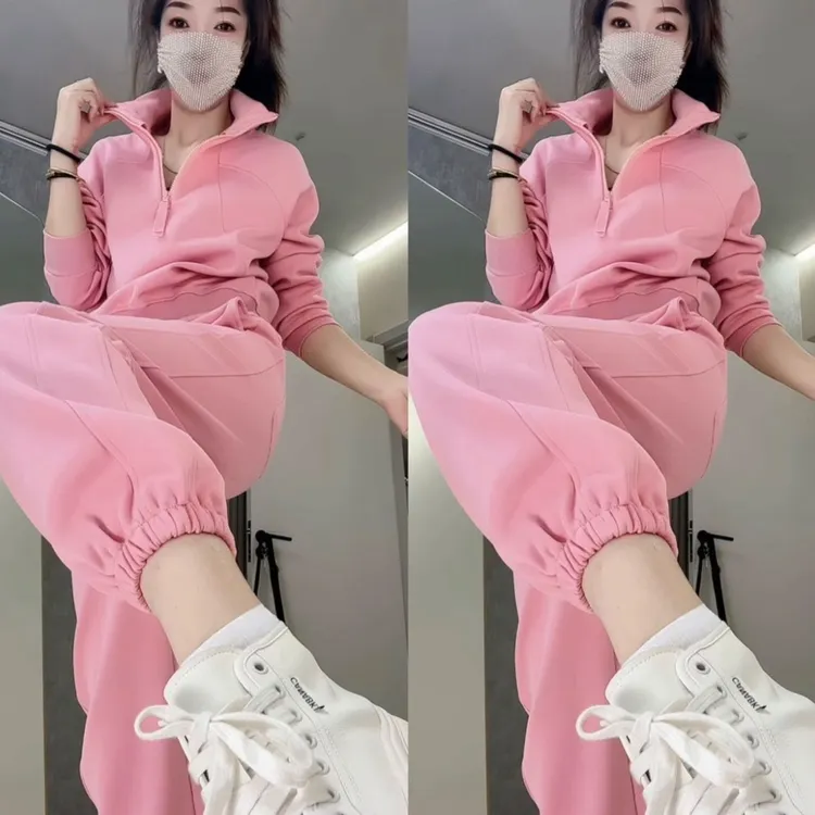 春秋季拉链立领套头长袖卫衣与裤子搭配的时尚女套装