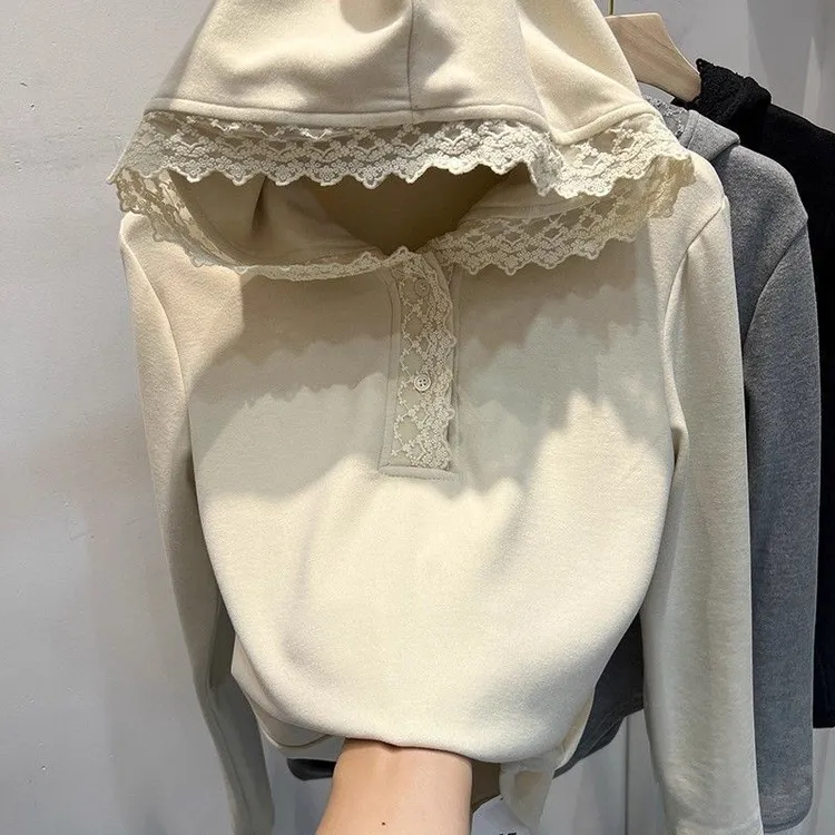设计感蕾丝花边拼接双面德绒连帽卫衣女秋冬加厚磨毛磨毛打底衫女