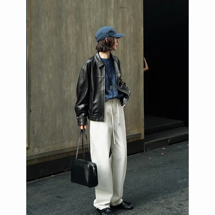 Choumei Home2025秋冬款原牛灰白底高质牛仔裤女 抽绳窄版直筒裤