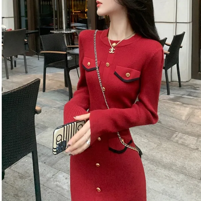 韩国秋冬小个子内搭打底裙小香风圣诞婚礼敬酒红色针织毛衣连衣裙