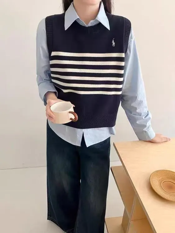 免烫条纹女百搭马甲刺绣小马马夹假两件洋气韩版气质