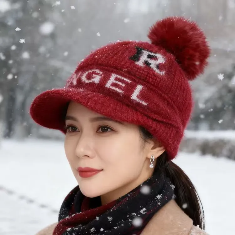 冬季新款毛线帽子女加绒加厚大檐针织帽百搭保暖妈妈帽字母棒球帽