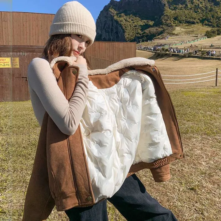 麂皮绒短款羽绒服女冬季小个子2025新款爆款设计感小众白鸭绒外套