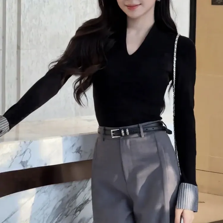 法式气质高腰休闲简约百搭直筒显瘦休闲裤+拼接条纹袖V领上衣