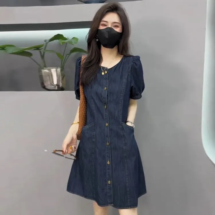 夏季新款复古港风显瘦水洗牛仔短袖A字连衣裙蓝色泡泡袖中长裙