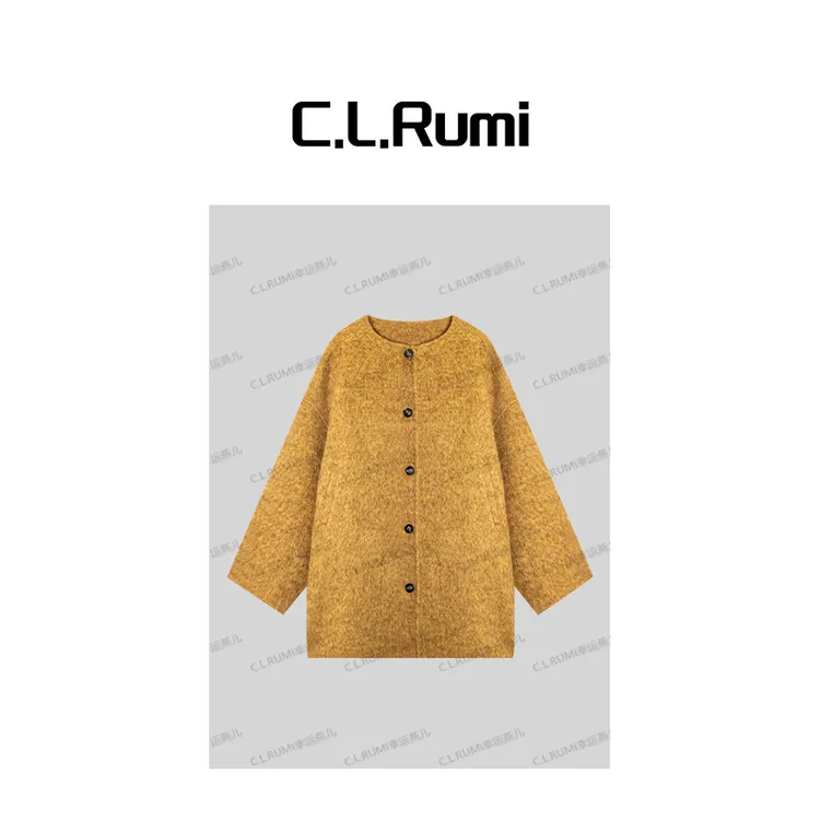 【Rumi精选】“黄亦玫”秋冬绵羊毛骆驼绒高级圆领双面呢大衣7221wt