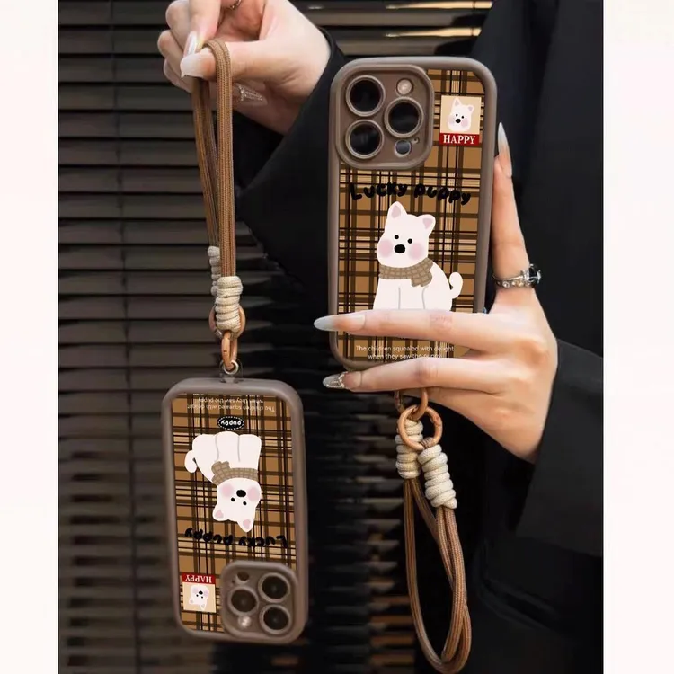 咖色格纹西高地小狗适用苹果16/15手机壳小米14vivo华为oppo