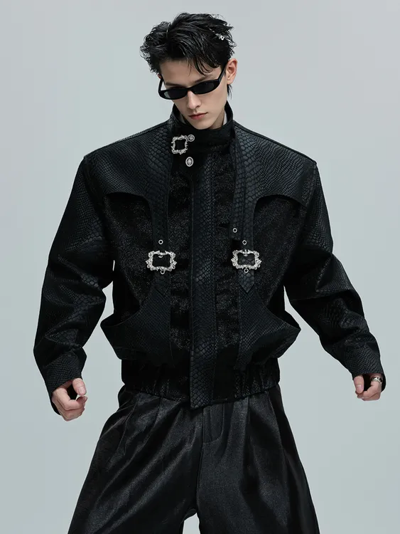 蛇纹鳞片短款垫肩立领pu皮夹克男设计感拼接金属扣皮衣外套秋冬