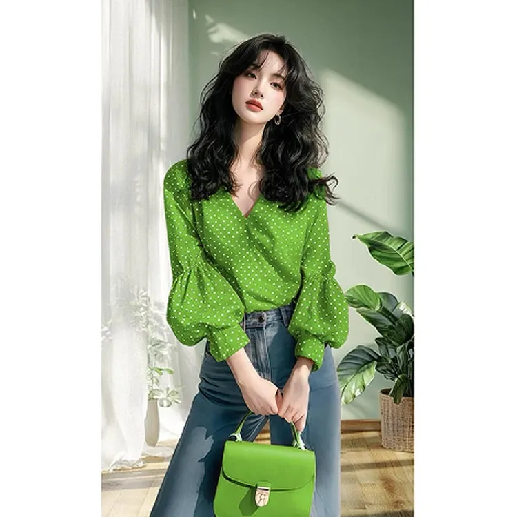 2025春秋韩式新款绿色V领灯笼袖设计感宽松女装衬衫个性百搭上衣
