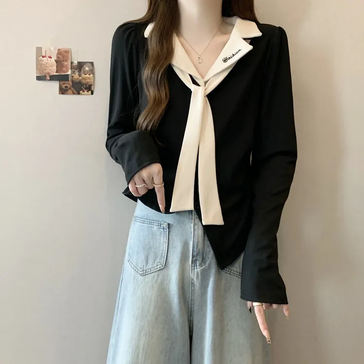 大码遮肚子撞色POLO领正肩长袖T恤女春秋胖妹妹修身显瘦别致上衣