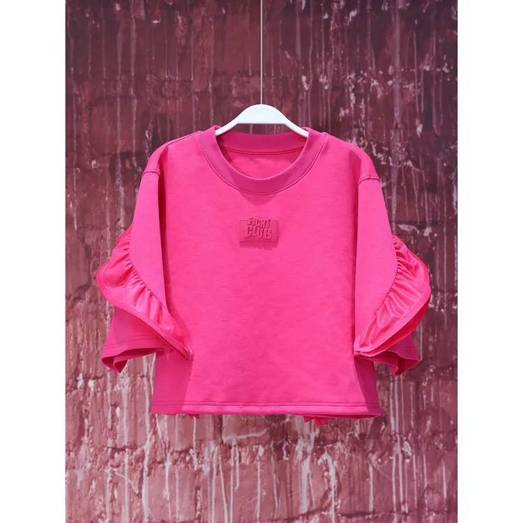 【韩哥女装】洋红色拼接花边休闲轻薄透气时尚优雅气质短袖3389A