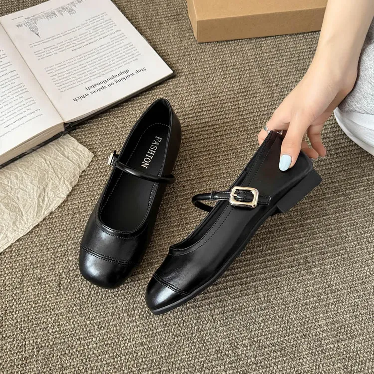 婧麒软皮复古百搭玛丽珍女鞋新款法式软底鞋爆款气质浅口女单鞋