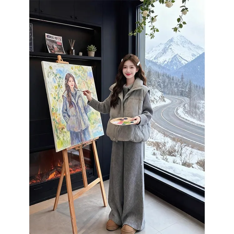 SHALLDOER【轻暖随行】上档次灰色套装女冬季棉服马夹休闲裤三件套