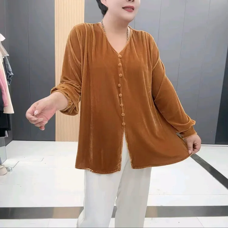 FKX大码女装秋季新款圆领扣版阳光绒宽松长袖衫25063