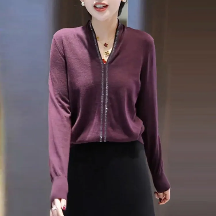 复古时髦V领安可拉紫打底衫女2025早秋新款修身洋气高级感针织衫