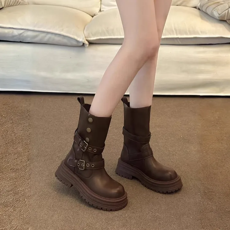 【万达撤柜】厚底美拉德中筒短靴女2025秋冬新款复古棕色加绒马丁靴