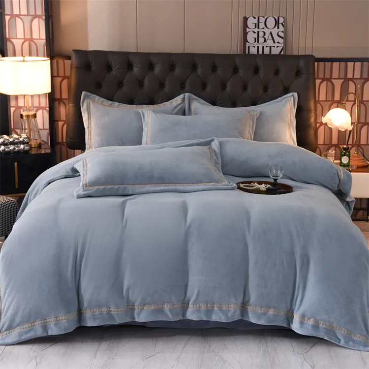 新款A类牛奶宝宝绒纯色刺绣工艺款四件套冬季加绒加厚床单双被套