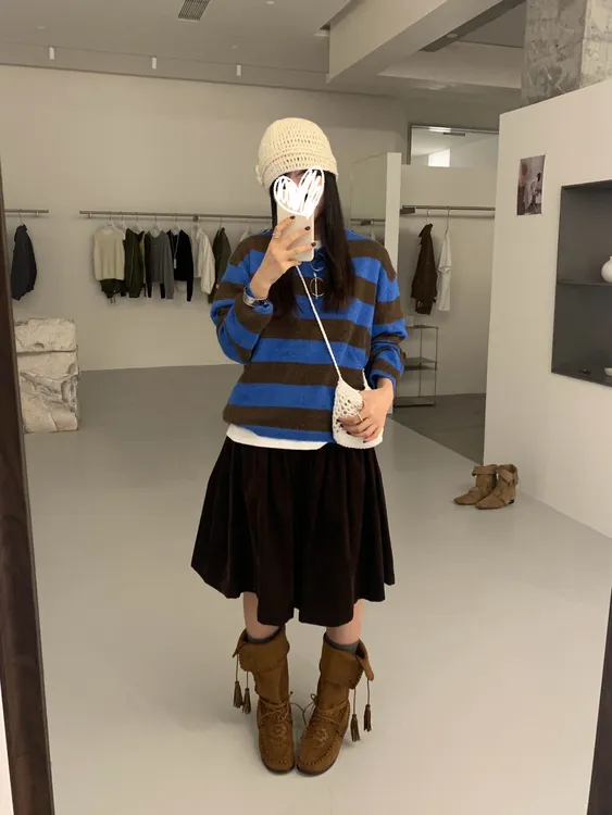 减龄少女多巴胺圆领撞色条纹套头保暖上衣保暖毛衣时尚针织衫8166