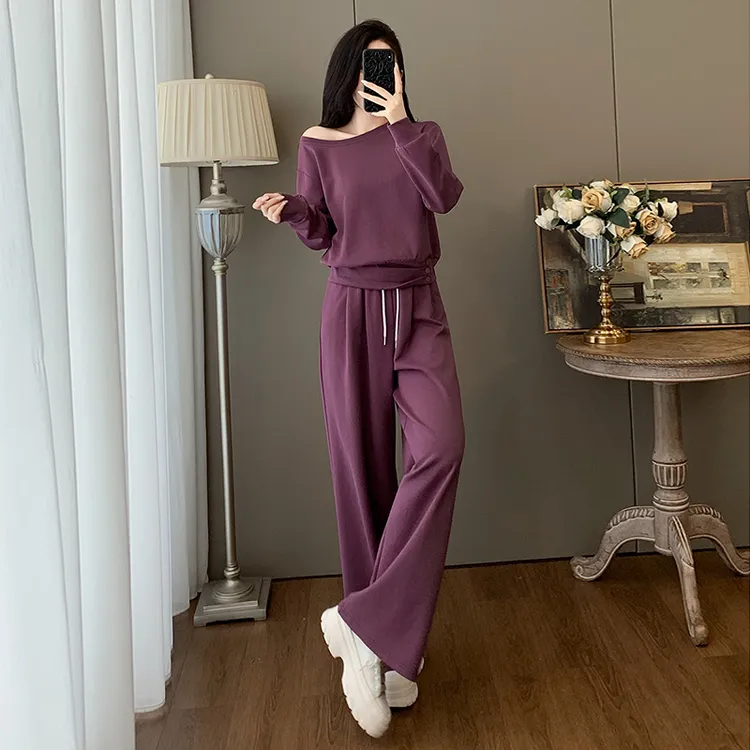 巨好看休闲时尚套装女秋季高级感气质超火露锁骨斜肩上衣阔腿长裤