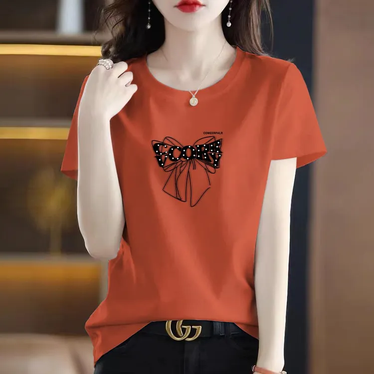 橘红色舒适短袖恤女2025夏季爆款时尚宽松圆领显瘦气质体恤上衣