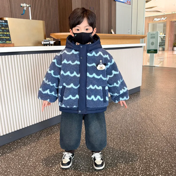 儿童冬季毛毛衣2025新款男童冬装加绒加厚外套男孩宝宝时髦小棉袄
