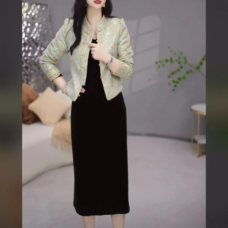 卡丹绒两件套2025秋季新款时尚气质显瘦新中式外套洋气连衣裙套装