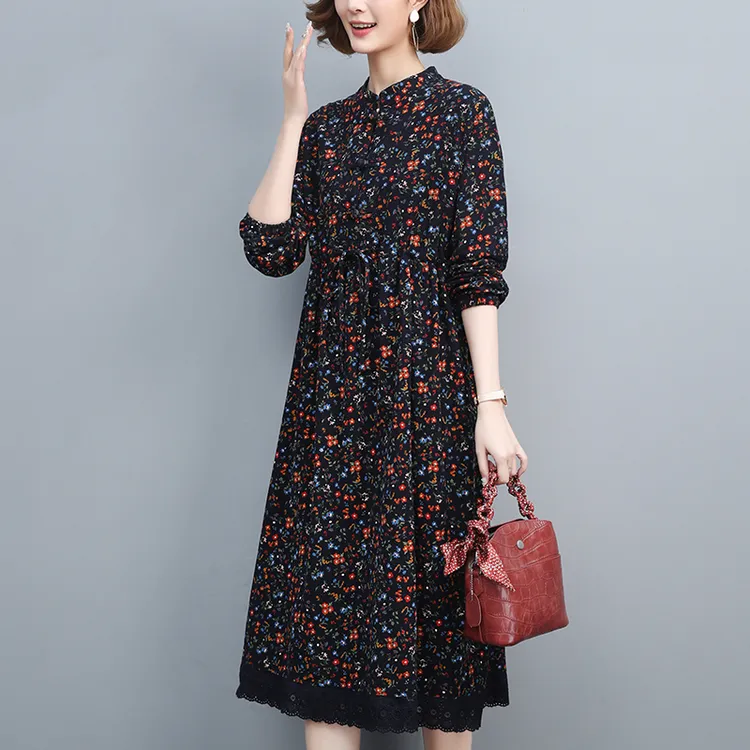 纯棉连衣裙长袖碎花长裙妈妈装春季印花显瘦时尚洋气女装旗袍春秋