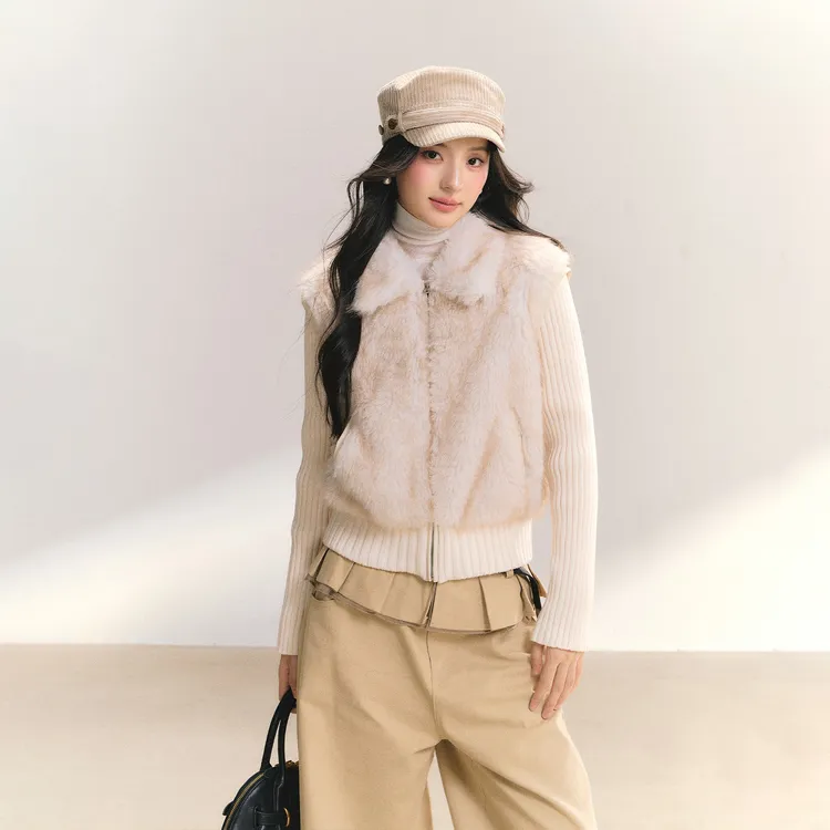 FPMZ【云絮堆雪】环保皮草假两件针织外套修身氛围感上衣冬女棉衣