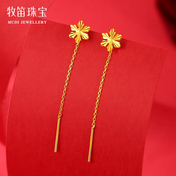 牧笛足金999雪花耳线短款黄金耳饰真金正品百搭精致耳线新款24k金
