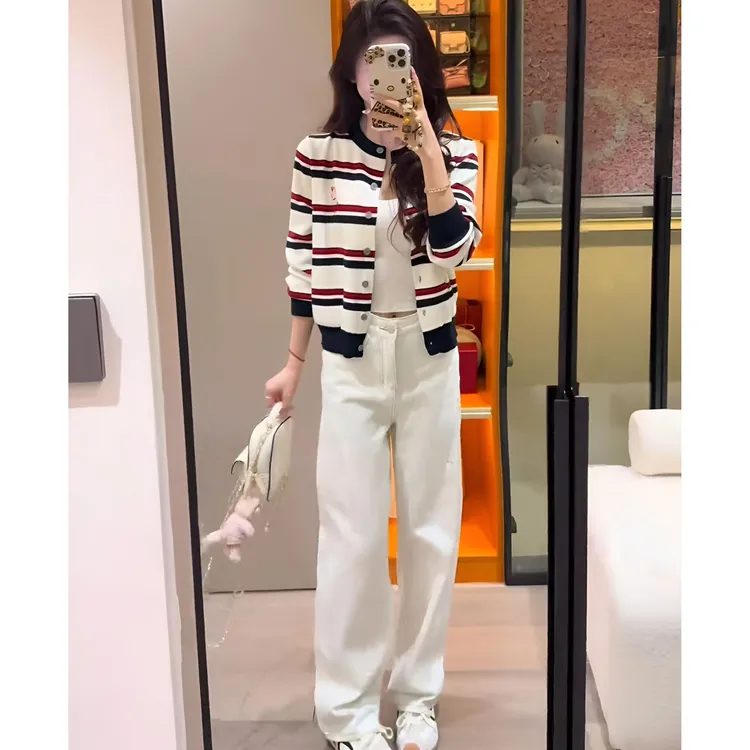 巨好看的早秋2025超火穿搭一整套撞色条纹针织开衫阔腿裤两件套装