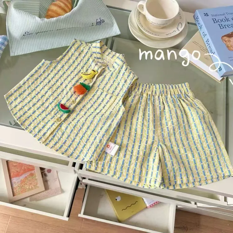 新款卡通夏季儿童开衫背心短裤套装
