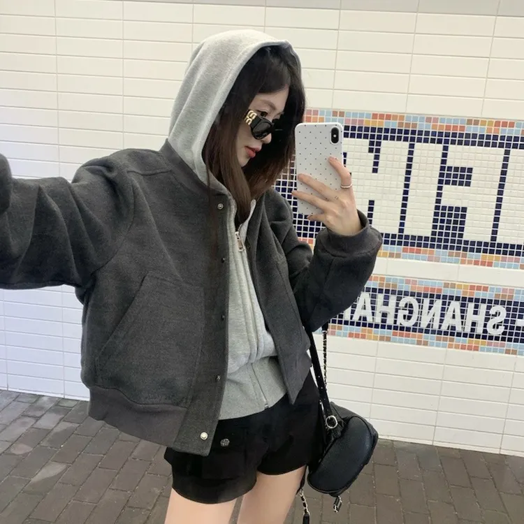 复古风短款夹克外套女大码胖mm春秋感百搭休闲棒球服ins上衣氨纶