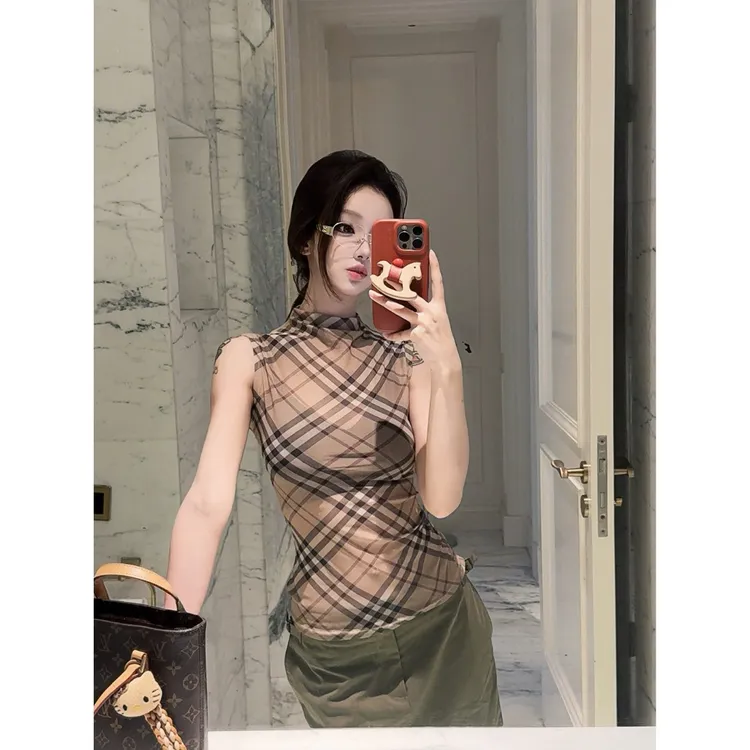 经典格纹 半高领无袖背心夏季新款时尚舒适百搭轻薄收腰显瘦上衣