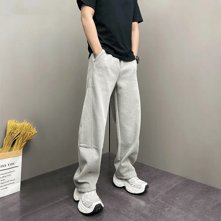 2025新款冬季加绒加厚简约百搭弯刀休闲裤男士宽松显瘦直筒运动裤