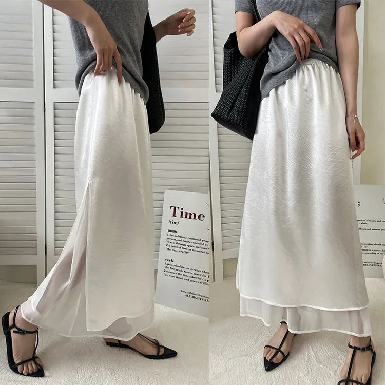 小众设计醋酸缎面欧根纱开叉半身裙2025春夏新款高腰显瘦气质长裙