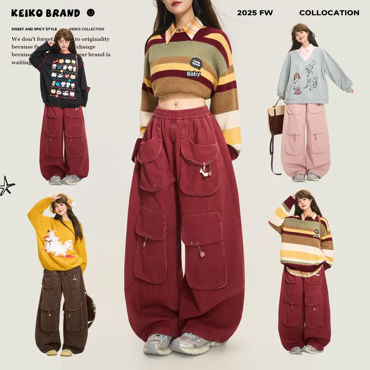 KEIKO 设计感立体贴袋工装牛仔裤2025新款美式辣妹宽松显瘦阔腿裤