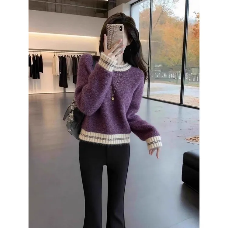 韩里韩气上衣别致独特超好看洋气减龄漂亮高级感紫色针织秋冬毛衣