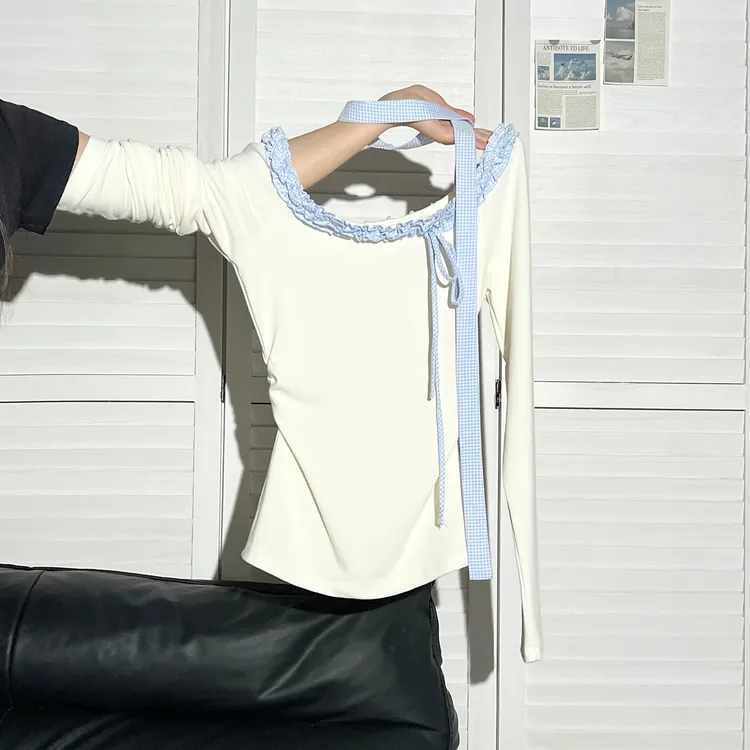 夏珍 法式斜肩木耳边长袖T恤女早秋新款独特飘带褶皱修身露肩上衣