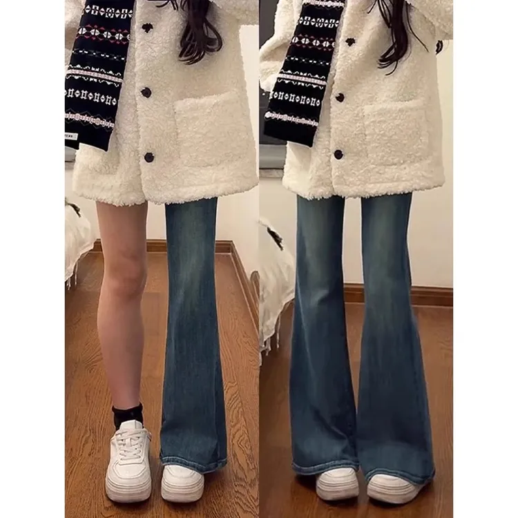 雪千羽美式复古微喇牛仔裤女2025春季新款高腰修身显瘦垂感马蹄裤