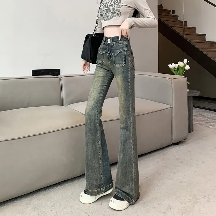 534#怀旧黄弹力秋冬季百搭高腰显瘦微喇牛仔长裤修身喇叭女裤子