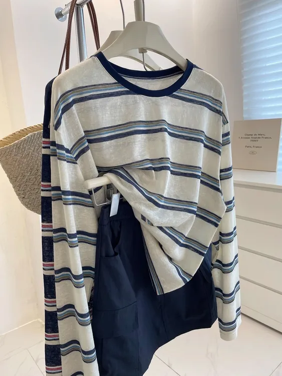 韩系百搭拼接条纹长袖防晒罩衫女夏季外搭宽松慵懒风薄款T恤上衣